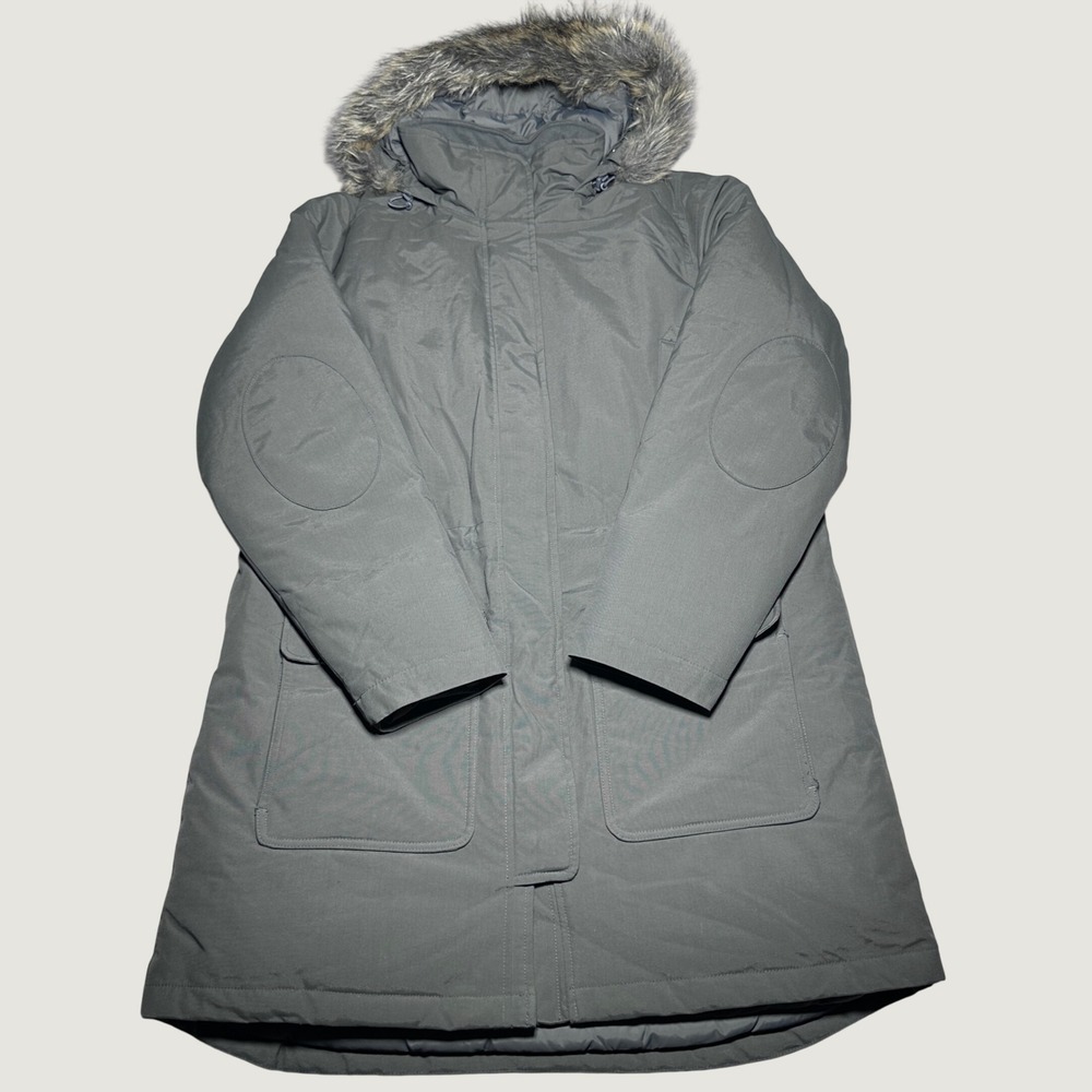 Duluth Trading Down Parka Womens Large Faux Fur Hood Duck Down Olive Green Nylon